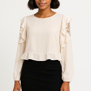 Zara Women's Blouse Ivory Black Sz M  Lace Ruffle Sleeve Modern Cream Minimal